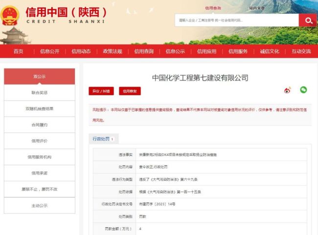 中国化学工程第七建设公司未按规定采取扬尘防治措施被罚4万元