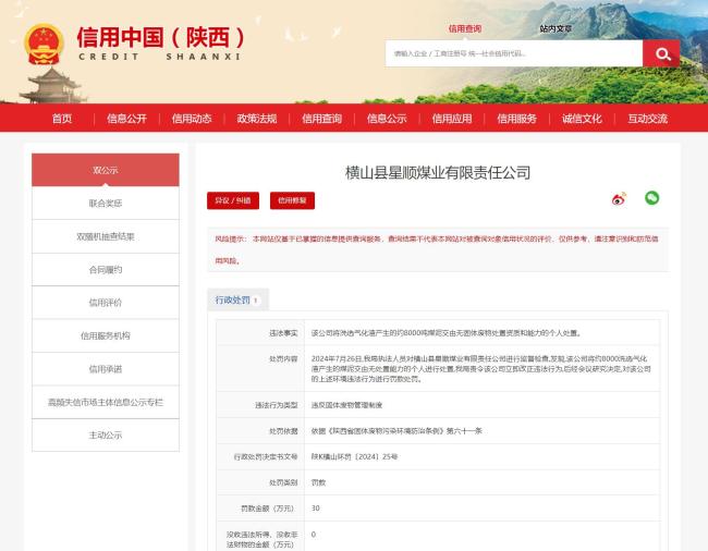违反固体废物管理制度，横山县星顺煤业被罚30万