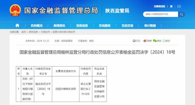 违规办理借名贷款，子洲农商银行稽核审计部副经理被罚禁止从业12年