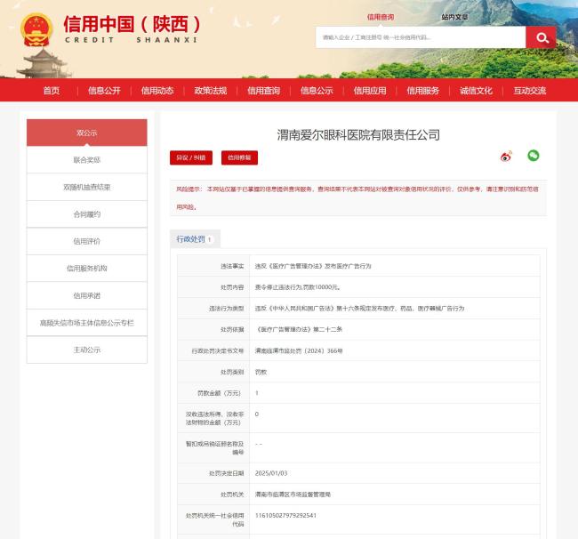 违反《医疗广告管理办法》发布医疗广告，渭南爱尔眼科医院被处罚