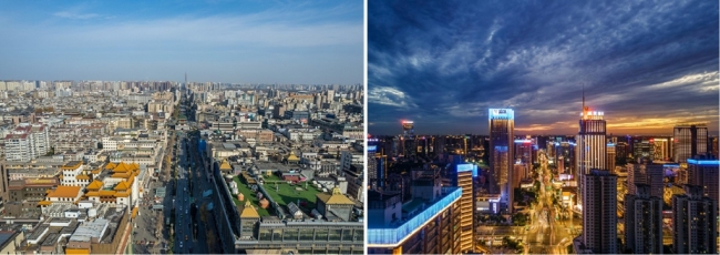 左为城墙内老城区，右为科技路