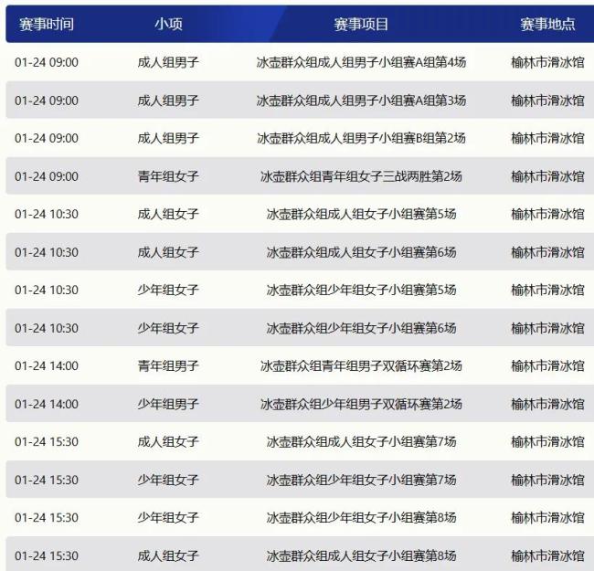 陕西省一冬会“延长石油杯”冰壶项目（群众组）1月24日赛程