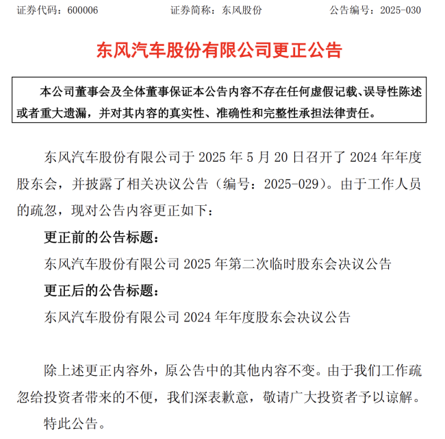 股东会决议公告标题出错！东风汽车摆乌龙