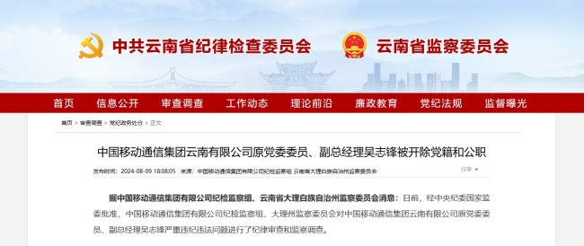 中国移动通信集团云南有限公司原党委委员、副总经理吴志锋被开除党籍和公职