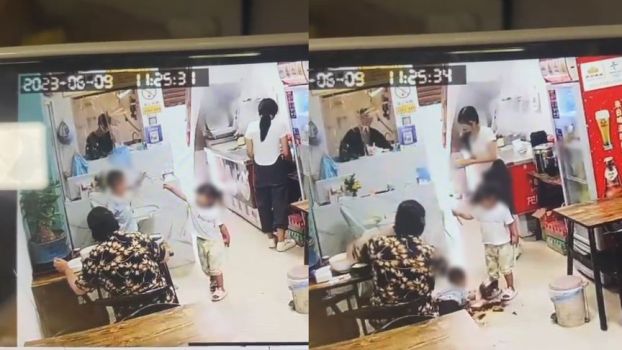 女孩用网将男孩套住拽倒 滚烫的饭菜直接掉落男孩身上把小男孩烫得大叫