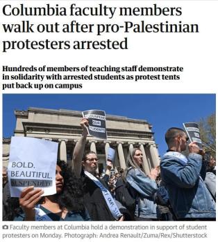 美国哥伦比亚大学数百教职工罢工 声援巴勒斯坦，抗议校园管控
