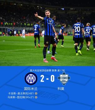 意甲：国米2-0科莫，卡洛斯-奥古斯托连场破门，图拉姆建功 主场完胜锁定胜局