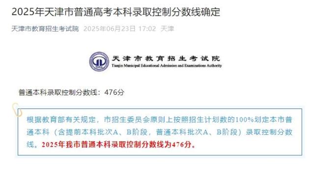 天津本科線476 2025年錄取分?jǐn)?shù)公布