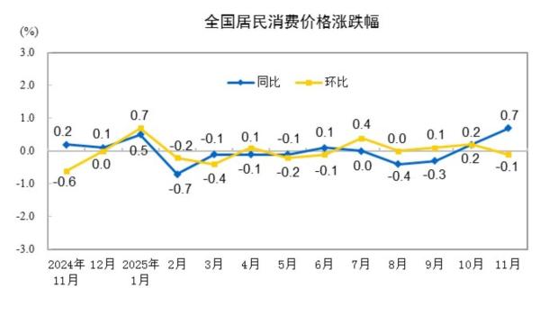 11月份居民消費(fèi)價(jià)格同比上漲0.7% 食品煙酒類價(jià)格微漲