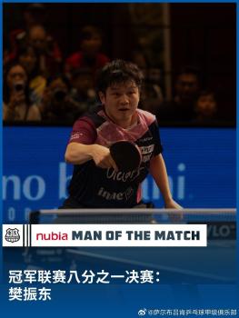 樊振东获评最佳球员 高票当选欧冠MVP