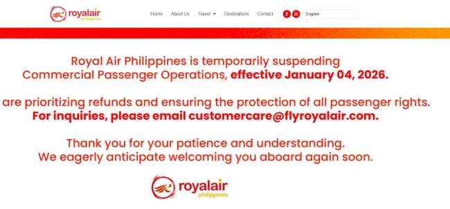 菲律宾皇家航空公司宣布将于2026年1月4日起暂时停止商业客运航班