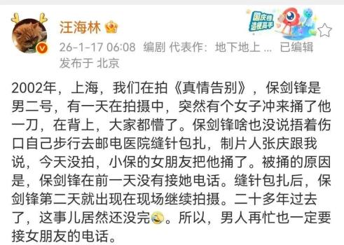 汪海林曝保剑锋未接女友电话被捅伤 昔日情侣纠纷再引热议