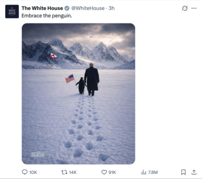 白宫发图领着企鹅走向格陵兰岛 地理常识引发热议