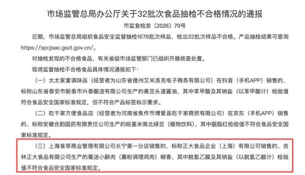 正大食品旗下小酥肉抽檢不合格 防腐劑超標(biāo)引關(guān)注